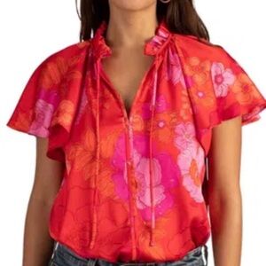 Trina Turk Indu Top in Red and Pink Floral Print